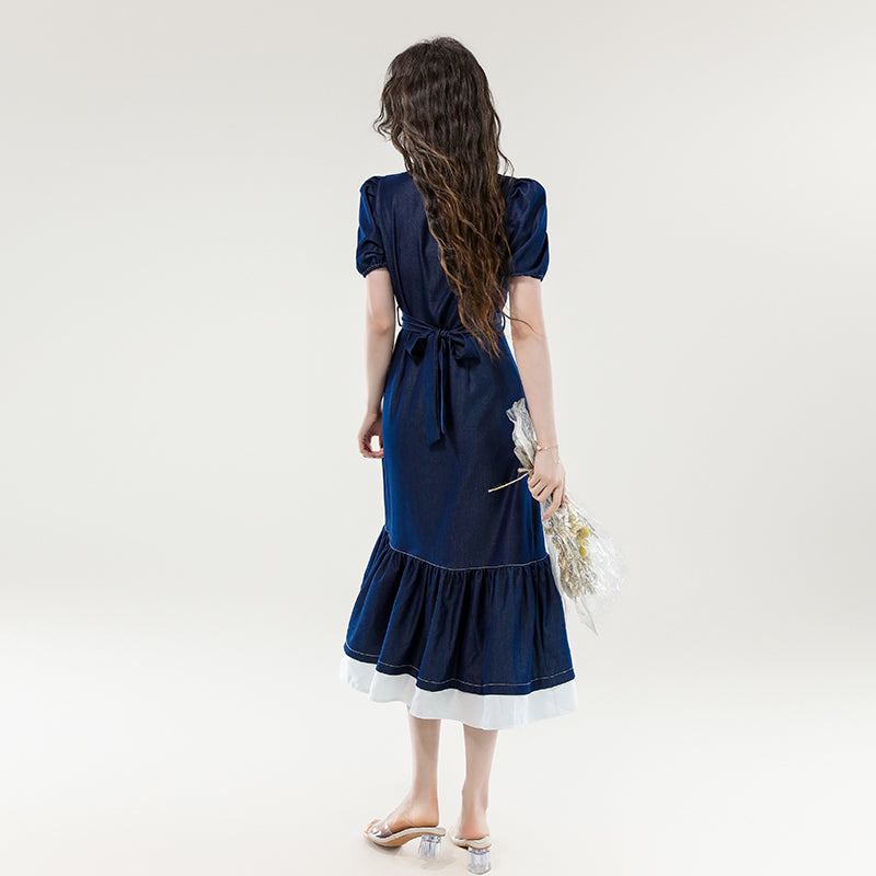 CM-DY070399 Women Elegant European Style V-Neck Short Sleeve Belted Slim Fishtail Dress - Blue