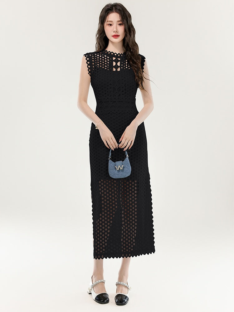 CM-DY070400 Women Elegant European Style Lace Hollow Out Round Neck Sleeveless Long Dress (Available in 2 colors)