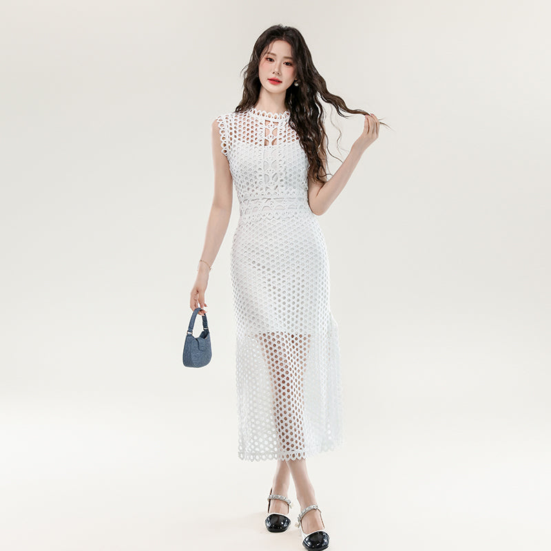CM-DY070400 Women Elegant European Style Lace Hollow Out Round Neck Sleeveless Long Dress (Available in 2 colors)