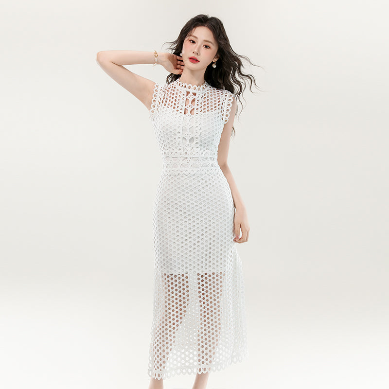 CM-DY070400 Women Elegant European Style Lace Hollow Out Round Neck Sleeveless Long Dress (Available in 2 colors)