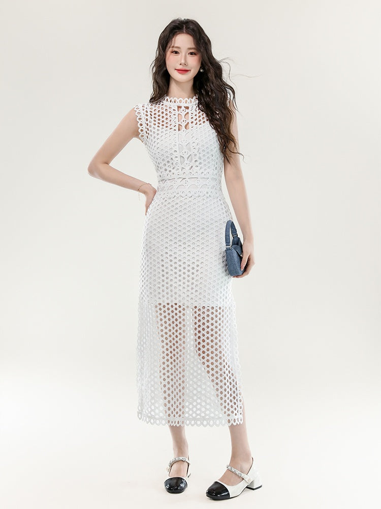 CM-DY070400 Women Elegant European Style Lace Hollow Out Round Neck Sleeveless Long Dress (Available in 2 colors)
