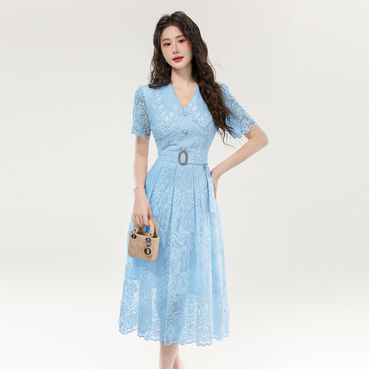 CM-DY070402 Women Elegant European Style Lace Hollow Out Double Collar Short Sleeve Pinched Waist Long Dress (Available in 3 colors)