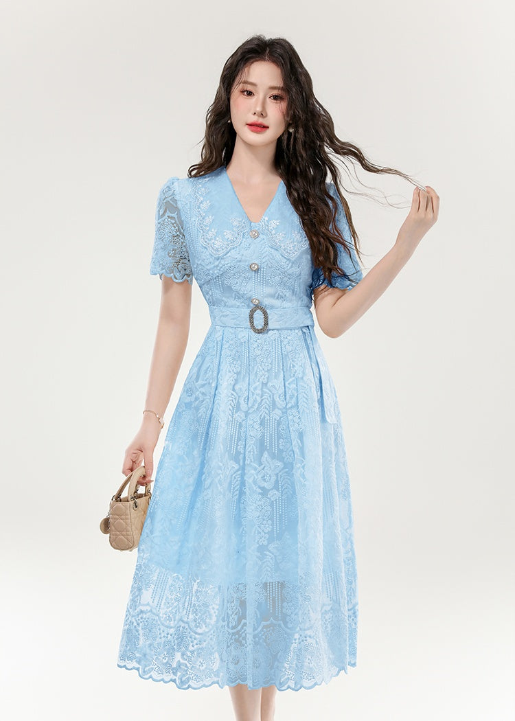 CM-DY070402 Women Elegant European Style Lace Hollow Out Double Collar Short Sleeve Pinched Waist Long Dress (Available in 3 colors)