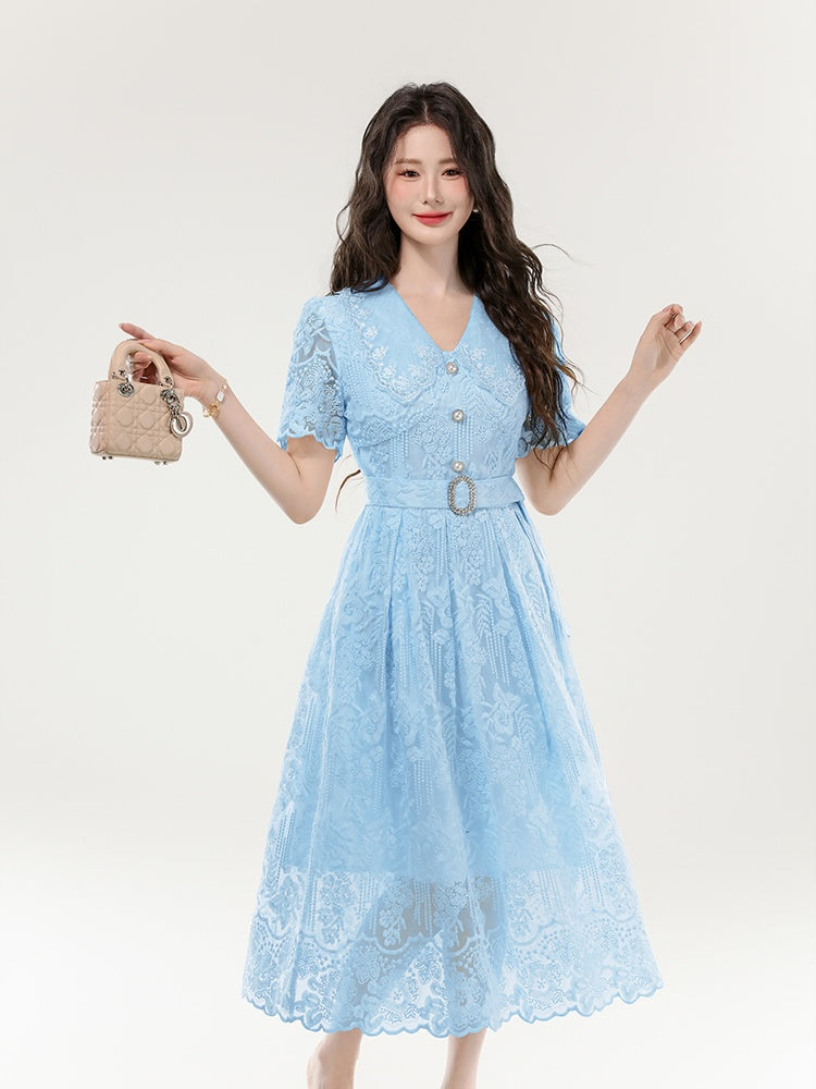CM-DY070402 Women Elegant European Style Lace Hollow Out Double Collar Short Sleeve Pinched Waist Long Dress (Available in 3 colors)