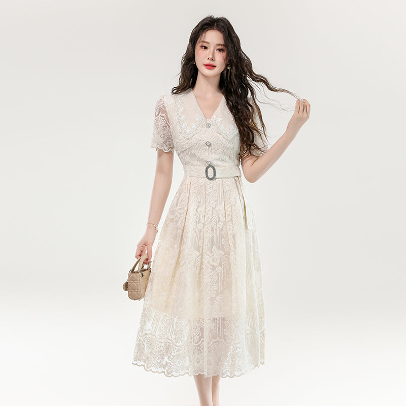 CM-DY070402 Women Elegant European Style Lace Hollow Out Double Collar Short Sleeve Pinched Waist Long Dress (Available in 3 colors)