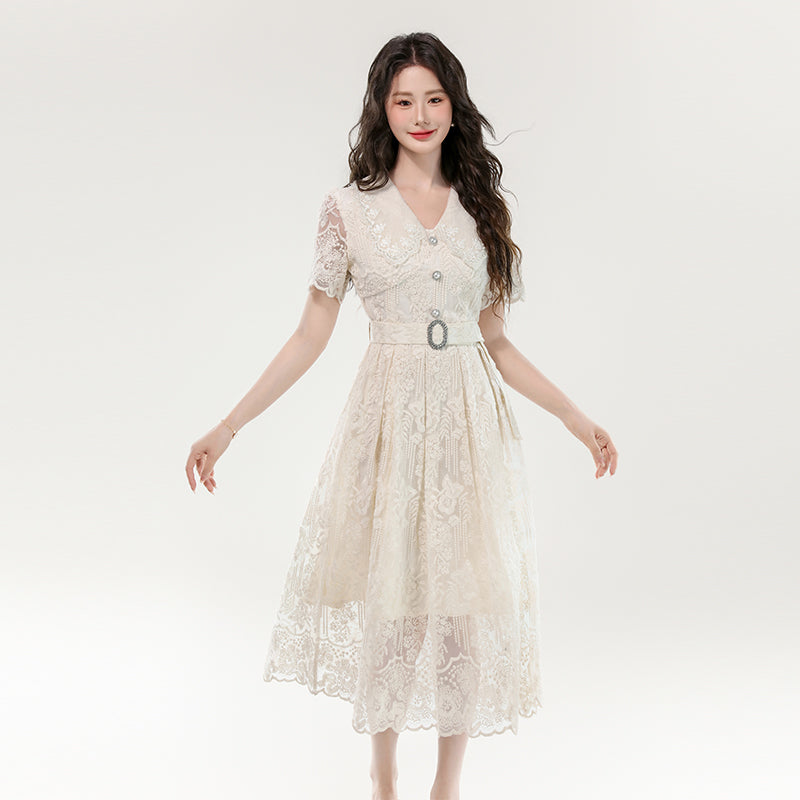 CM-DY070402 Women Elegant European Style Lace Hollow Out Double Collar Short Sleeve Pinched Waist Long Dress (Available in 3 colors)