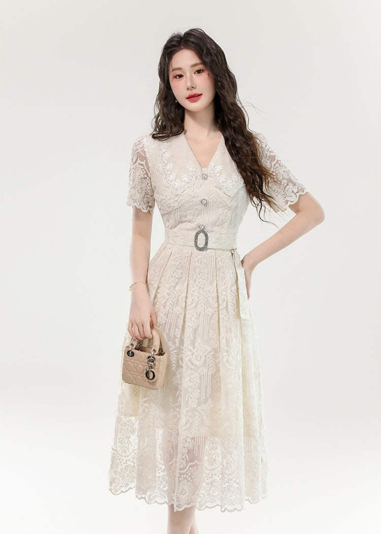 CM-DY070402 Women Elegant European Style Lace Hollow Out Double Collar Short Sleeve Pinched Waist Long Dress (Available in 3 colors)