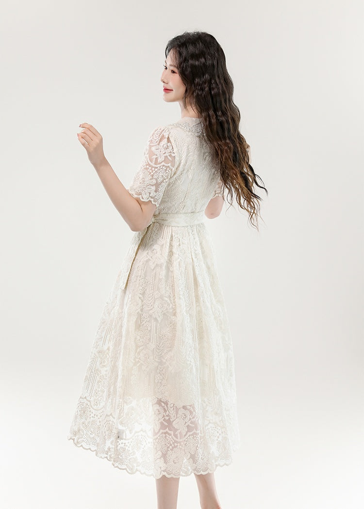 CM-DY070402 Women Elegant European Style Lace Hollow Out Double Collar Short Sleeve Pinched Waist Long Dress (Available in 3 colors)