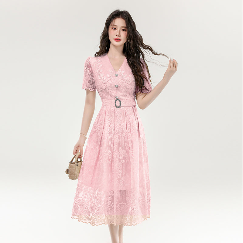 CM-DY070402 Women Elegant European Style Lace Hollow Out Double Collar Short Sleeve Pinched Waist Long Dress (Available in 3 colors)