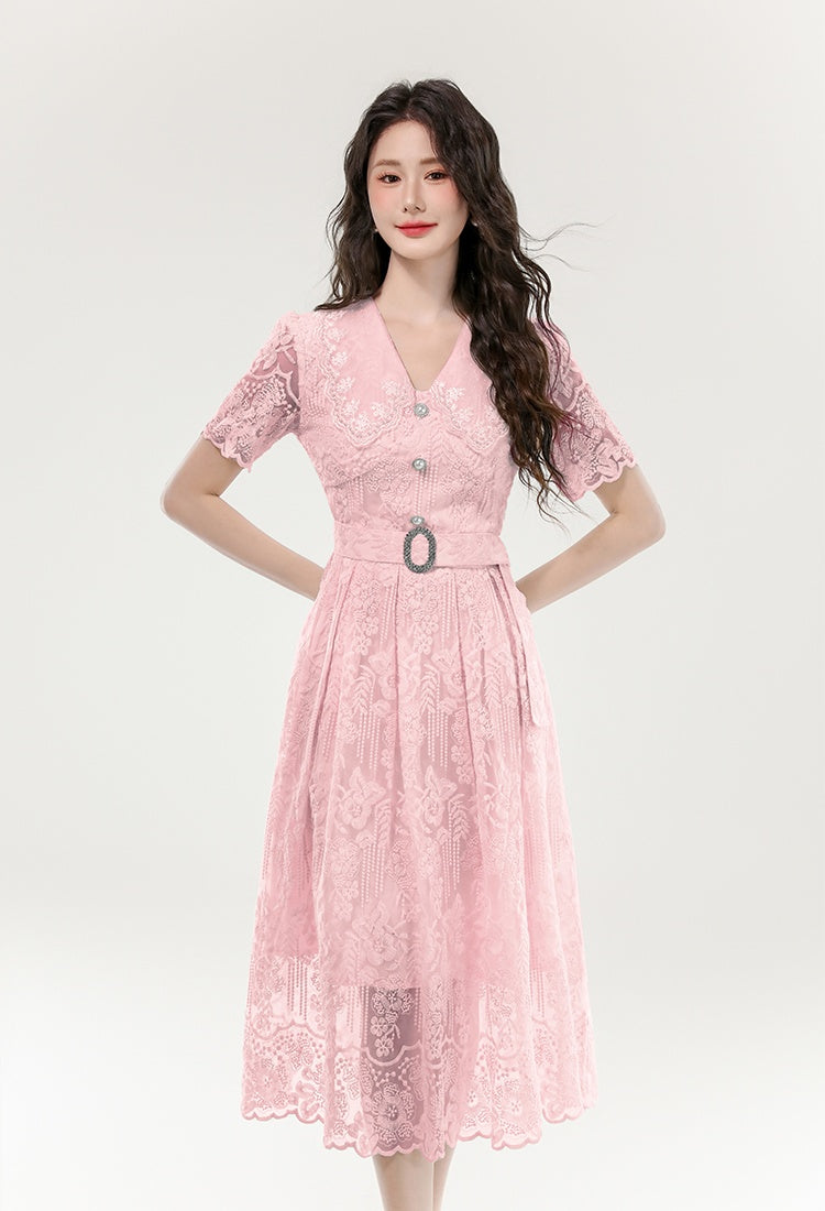 CM-DY070402 Women Elegant European Style Lace Hollow Out Double Collar Short Sleeve Pinched Waist Long Dress (Available in 3 colors)