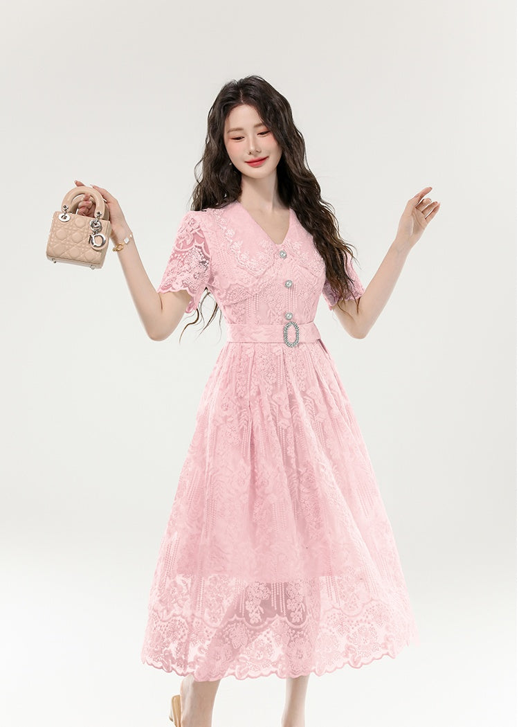 CM-DY070402 Women Elegant European Style Lace Hollow Out Double Collar Short Sleeve Pinched Waist Long Dress (Available in 3 colors)