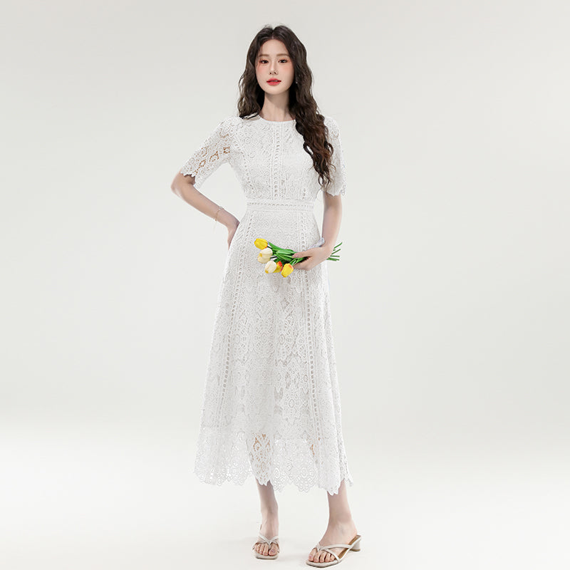 CM-DY070403 Women Elegant European Style Lace Round Neck Short Sleeve Medium Waist Long Dress (Available in 3 colors)