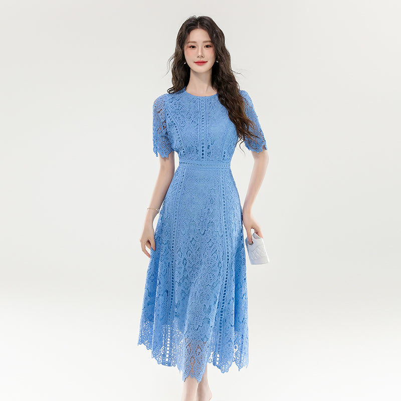 CM-DY070403 Women Elegant European Style Lace Round Neck Short Sleeve Medium Waist Long Dress (Available in 3 colors)