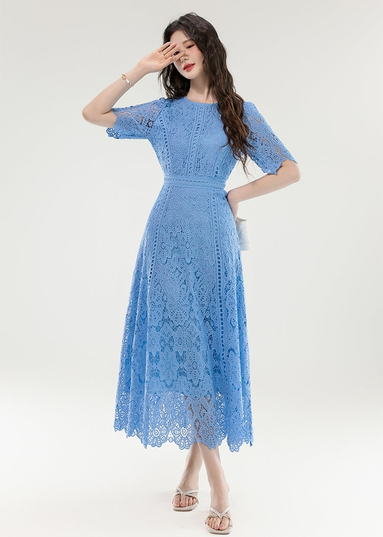 CM-DY070403 Women Elegant European Style Lace Round Neck Short Sleeve Medium Waist Long Dress (Available in 3 colors)