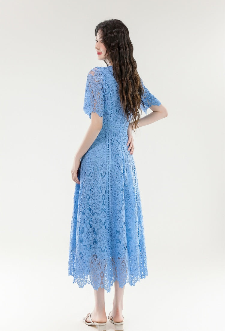 CM-DY070403 Women Elegant European Style Lace Round Neck Short Sleeve Medium Waist Long Dress (Available in 3 colors)
