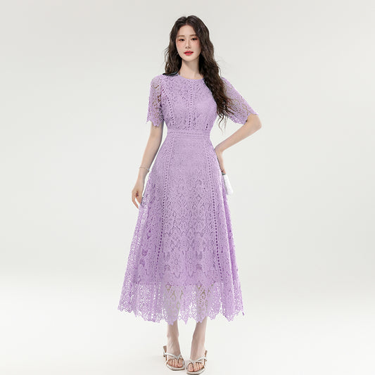 CM-DY070403 Women Elegant European Style Lace Round Neck Short Sleeve Medium Waist Long Dress (Available in 3 colors)