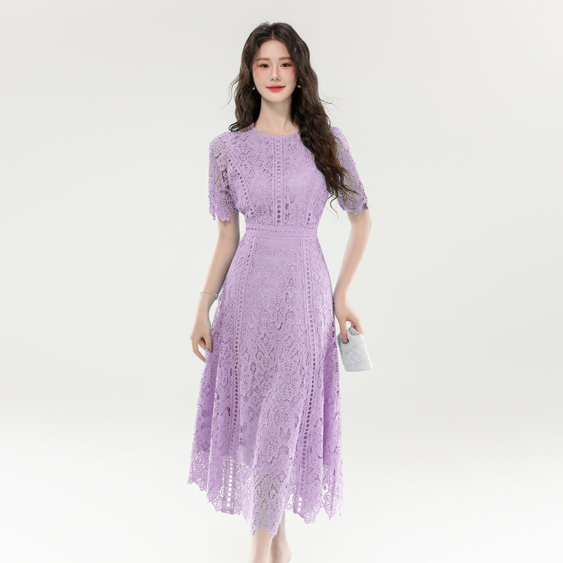 CM-DY070403 Women Elegant European Style Lace Round Neck Short Sleeve Medium Waist Long Dress (Available in 3 colors)