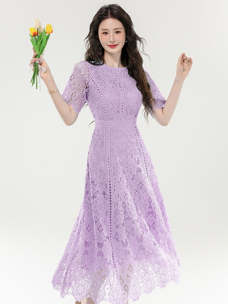 CM-DY070403 Women Elegant European Style Lace Round Neck Short Sleeve Medium Waist Long Dress (Available in 3 colors)
