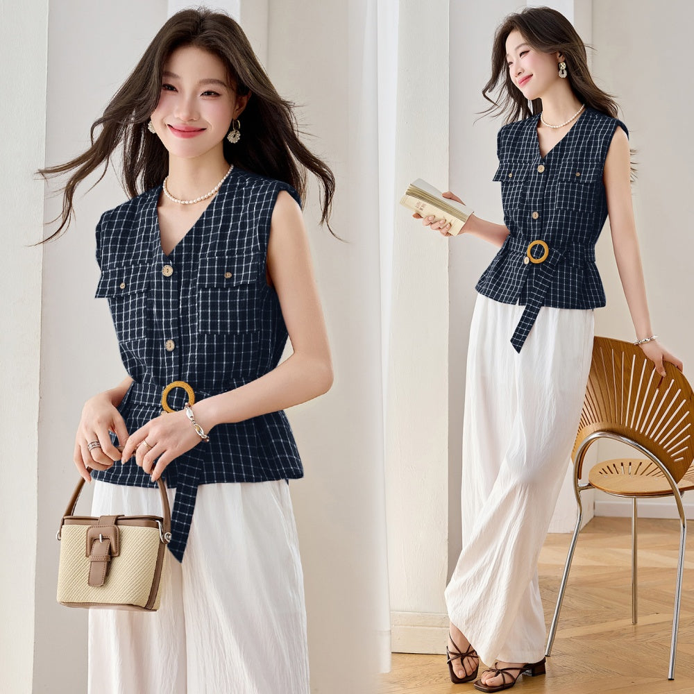 CM-SY070469 Women Elegant European Style V-Neck Short Sleeve Belted Blouse With Long Pants - Set (Available in 2 colors)