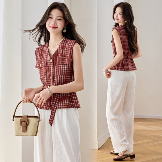 CM-SY070469 Women Elegant European Style V-Neck Short Sleeve Belted Blouse With Long Pants - Set (Available in 2 colors)