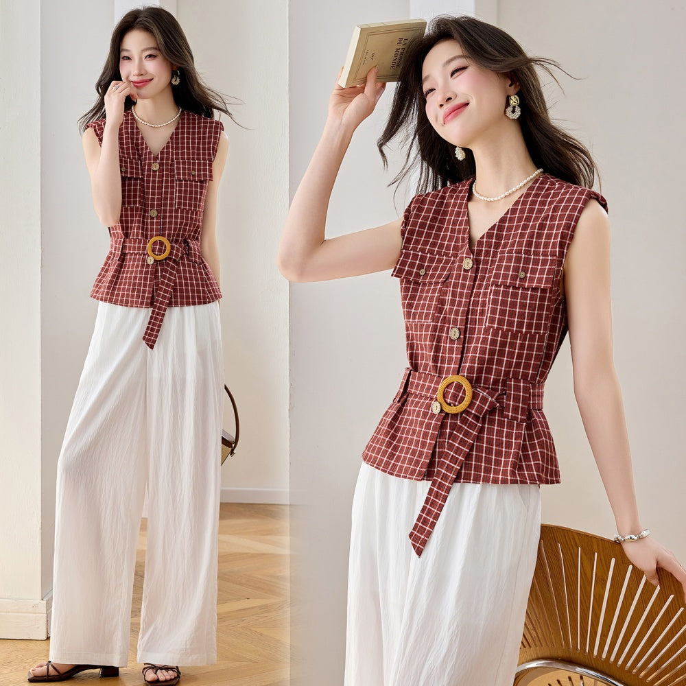 CM-SY070469 Women Elegant European Style V-Neck Short Sleeve Belted Blouse With Long Pants - Set (Available in 2 colors)