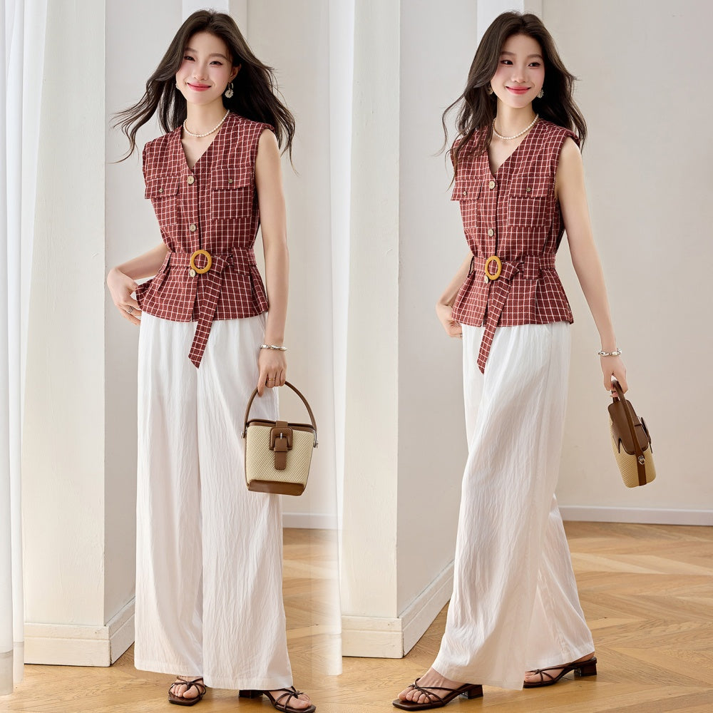 CM-SY070469 Women Elegant European Style V-Neck Short Sleeve Belted Blouse With Long Pants - Set (Available in 2 colors)