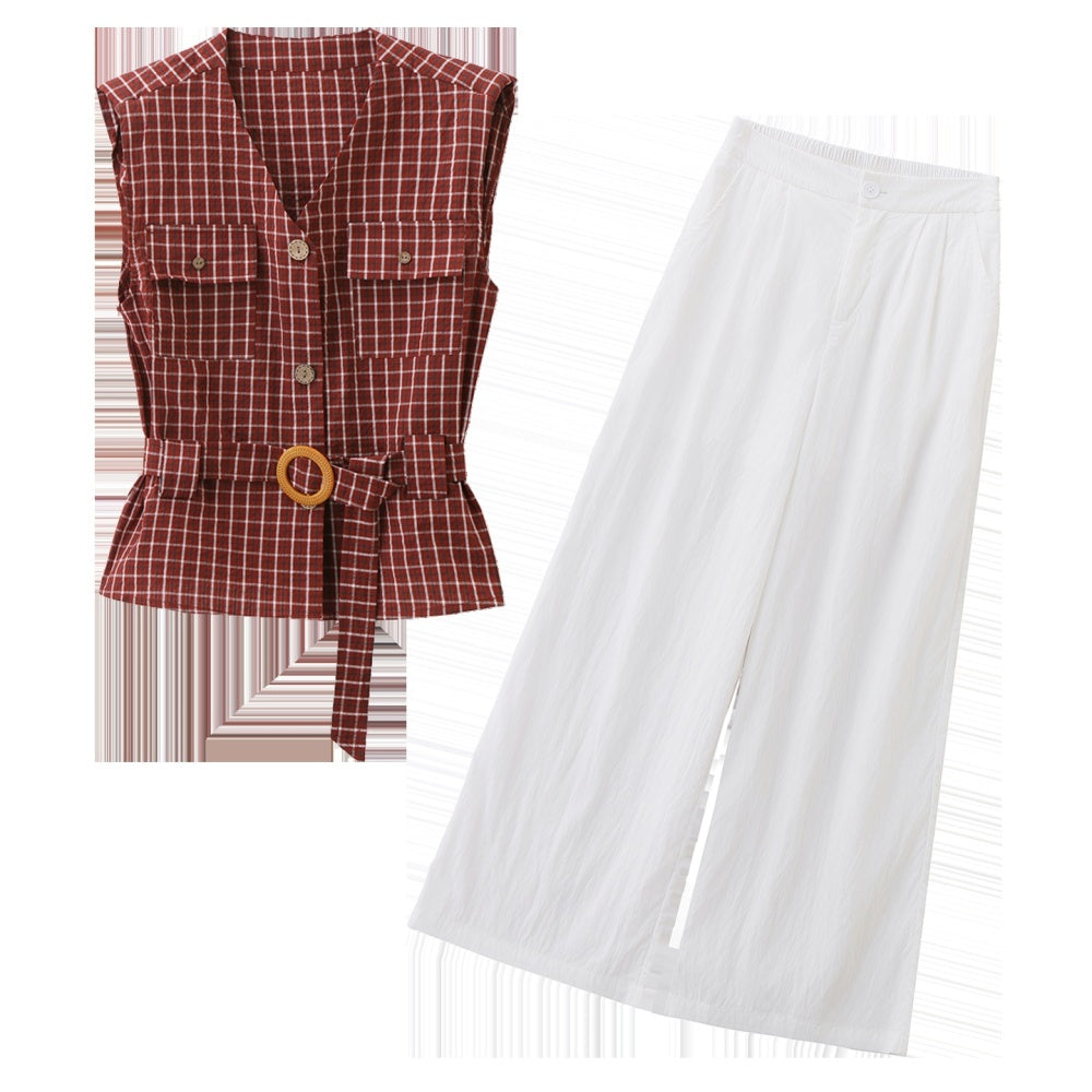 CM-SY070469 Women Elegant European Style V-Neck Short Sleeve Belted Blouse With Long Pants - Set (Available in 2 colors)