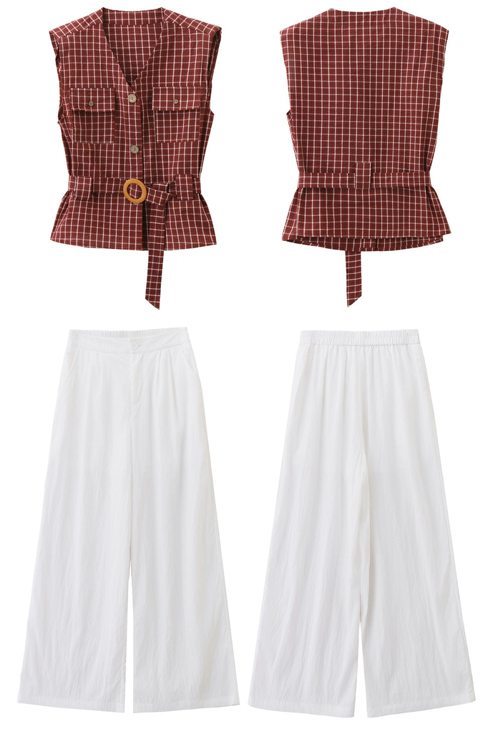 CM-SY070469 Women Elegant European Style V-Neck Short Sleeve Belted Blouse With Long Pants - Set (Available in 2 colors)