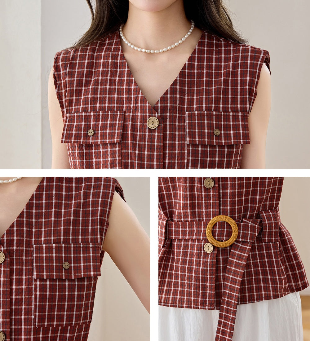 CM-SY070469 Women Elegant European Style V-Neck Short Sleeve Belted Blouse With Long Pants - Set (Available in 2 colors)