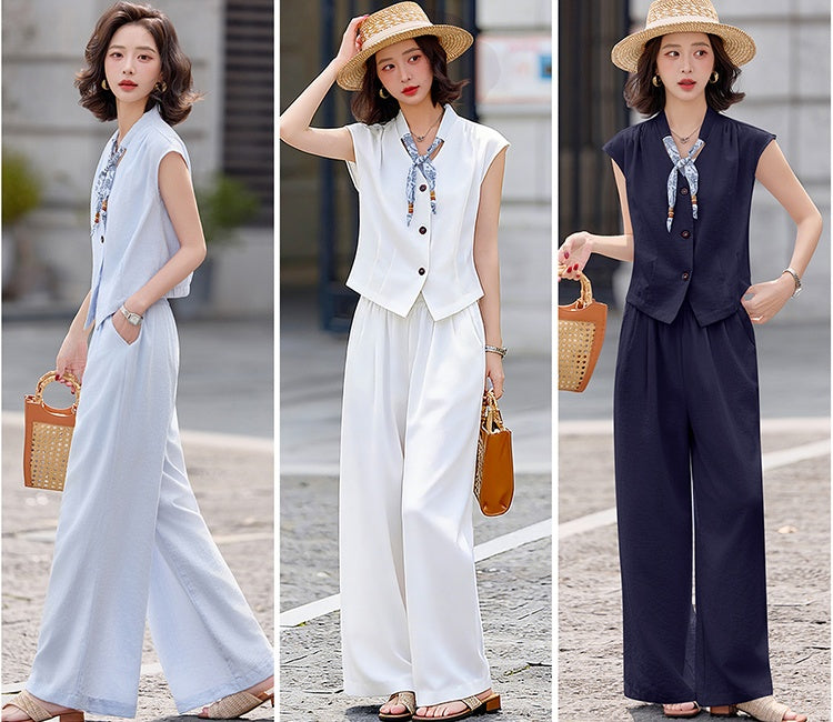 CM-SY070470 Women Elegant European Style Collar Neckline Sleeveless Blouse With Long Pants - Set (Available in 3 colors)