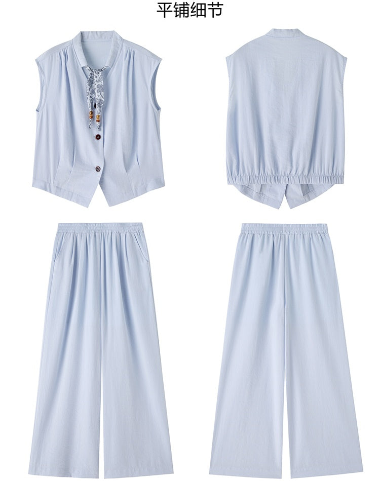 CM-SY070470 Women Elegant European Style Collar Neckline Sleeveless Blouse With Long Pants - Set (Available in 3 colors)