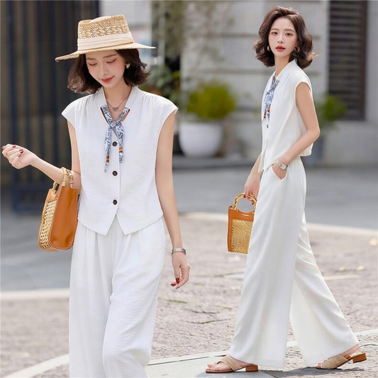 CM-SY070470 Women Elegant European Style Collar Neckline Sleeveless Blouse With Long Pants - Set (Available in 3 colors)