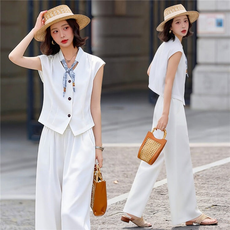 CM-SY070470 Women Elegant European Style Collar Neckline Sleeveless Blouse With Long Pants - Set (Available in 3 colors)