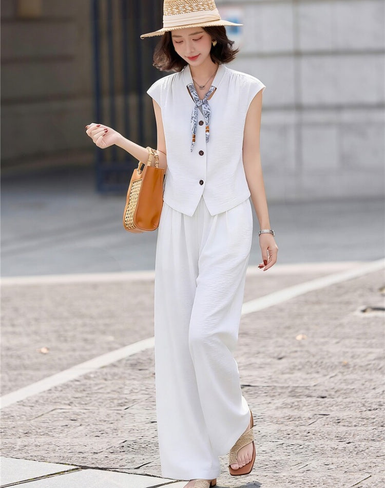CM-SY070470 Women Elegant European Style Collar Neckline Sleeveless Blouse With Long Pants - Set (Available in 3 colors)