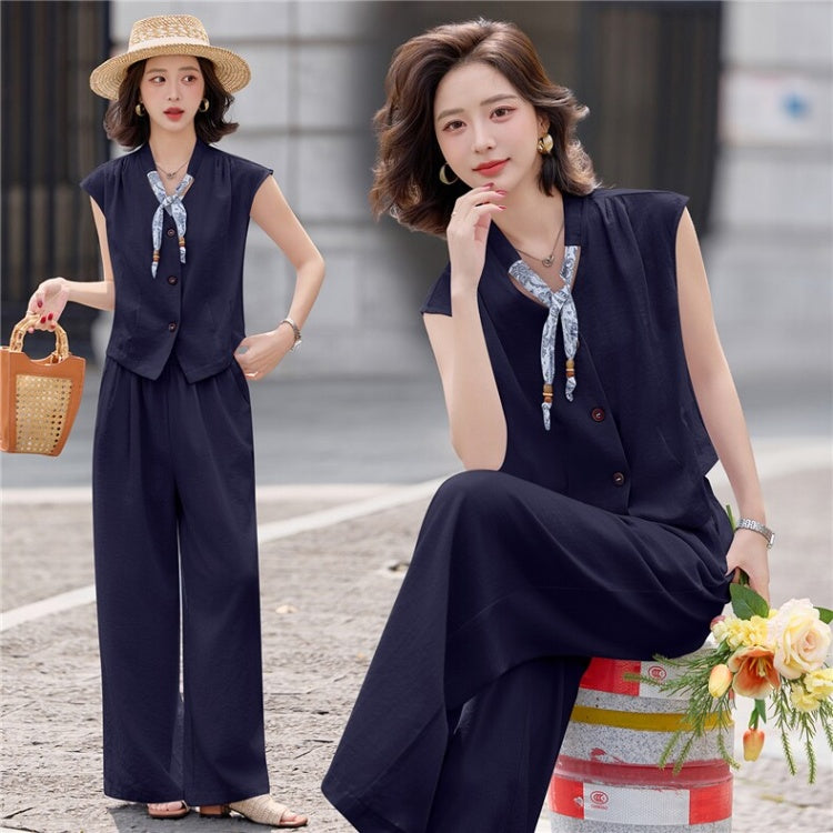 CM-SY070470 Women Elegant European Style Collar Neckline Sleeveless Blouse With Long Pants - Set (Available in 3 colors)