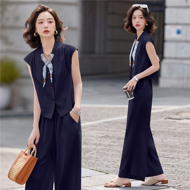 CM-SY070470 Women Elegant European Style Collar Neckline Sleeveless Blouse With Long Pants - Set (Available in 3 colors)