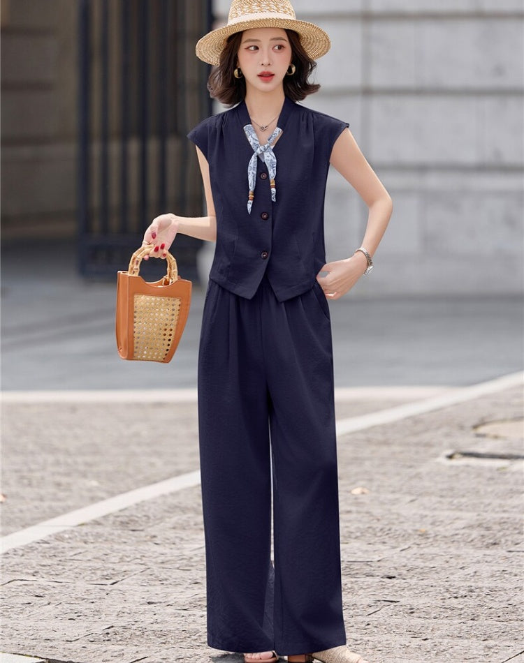 CM-SY070470 Women Elegant European Style Collar Neckline Sleeveless Blouse With Long Pants - Set (Available in 3 colors)