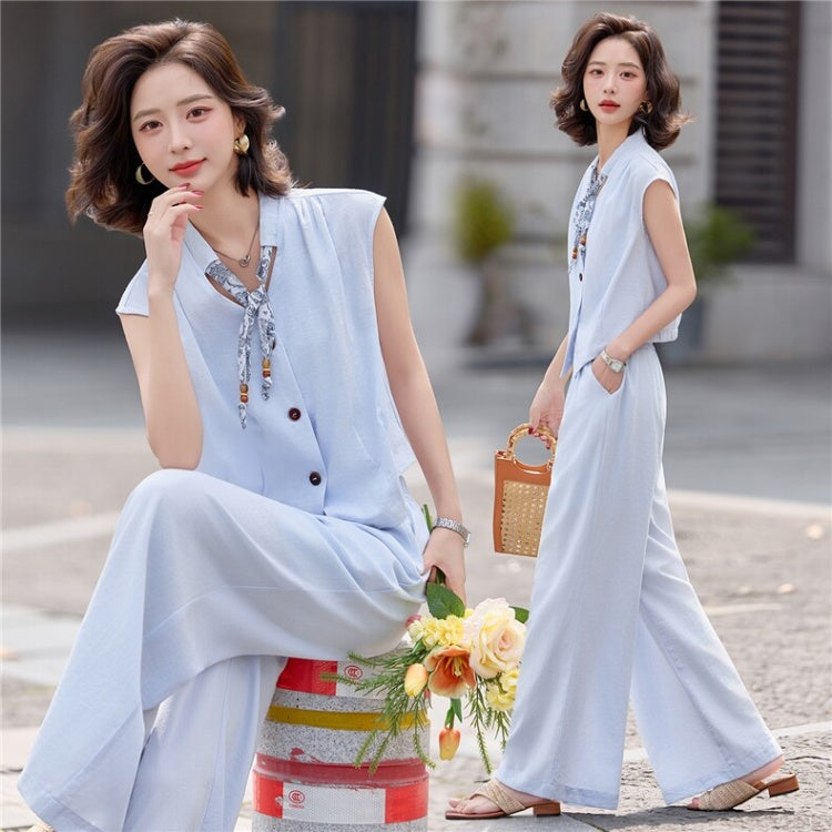 CM-SY070470 Women Elegant European Style Collar Neckline Sleeveless Blouse With Long Pants - Set (Available in 3 colors)