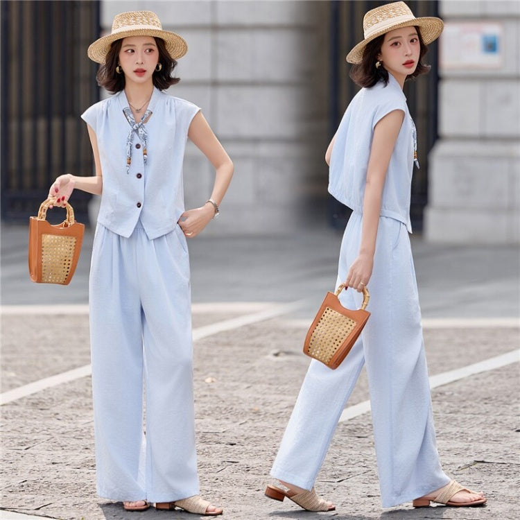 CM-SY070470 Women Elegant European Style Collar Neckline Sleeveless Blouse With Long Pants - Set (Available in 3 colors)