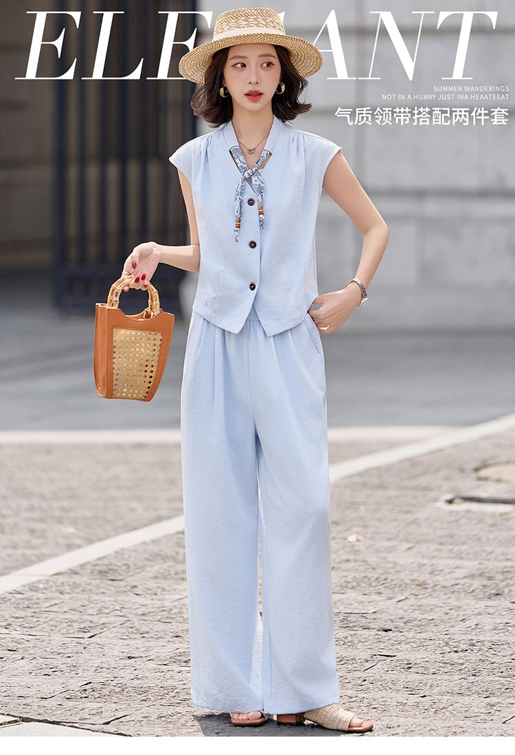 CM-SY070470 Women Elegant European Style Collar Neckline Sleeveless Blouse With Long Pants - Set (Available in 3 colors)