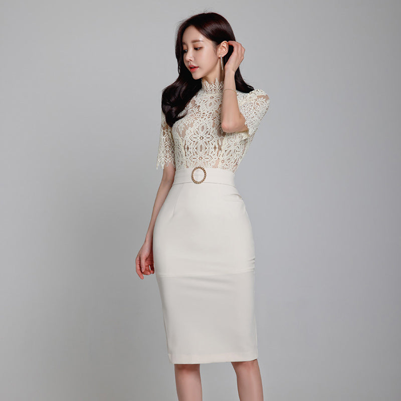 CM-DY070532 Women Elegant Seoul Style Lace Stand Collar Short Sleeve High Waist Pencil Dress