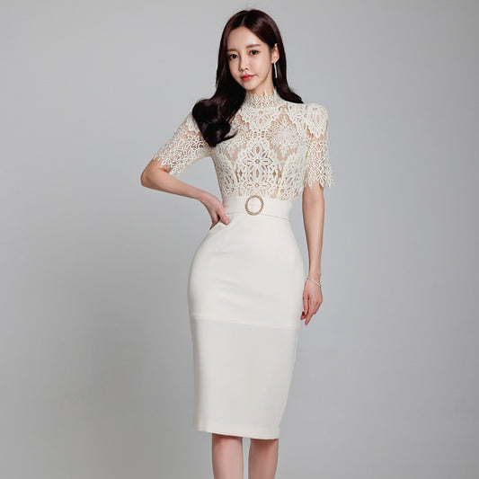 CM-DY070532 Women Elegant Seoul Style Lace Stand Collar Short Sleeve High Waist Pencil Dress