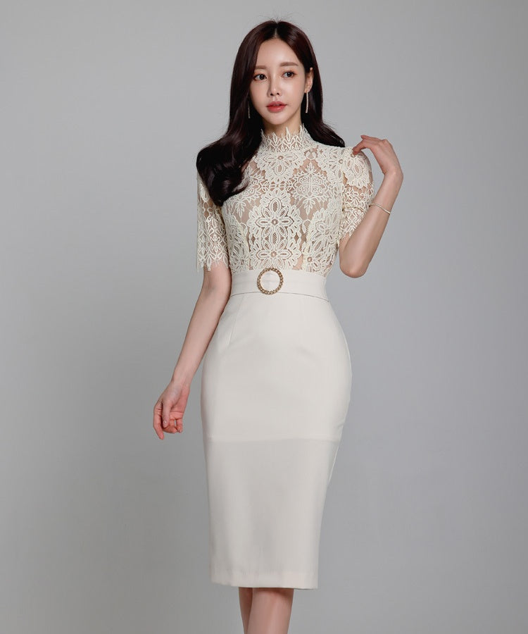 CM-DY070532 Women Elegant Seoul Style Lace Stand Collar Short Sleeve High Waist Pencil Dress