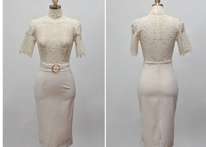 CM-DY070532 Women Elegant Seoul Style Lace Stand Collar Short Sleeve High Waist Pencil Dress