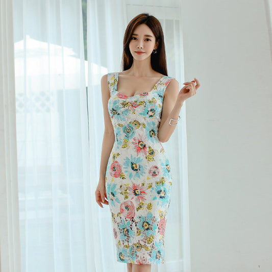 CM-DY070537 Women Elegant Seoul Style Floral Print Square Neck Sleeveless High Waist Pencil Midi Dress