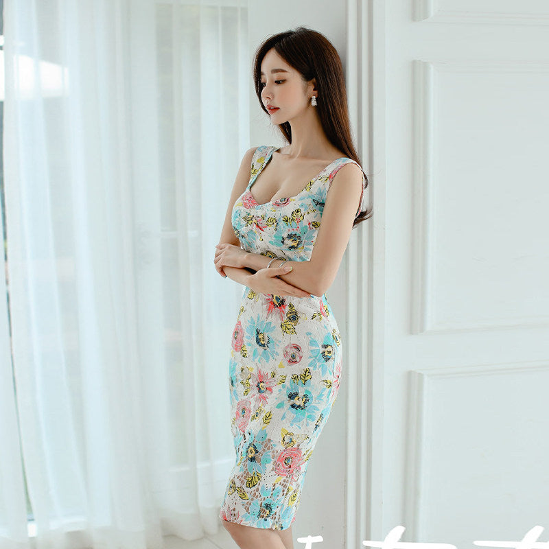 CM-DY070537 Women Elegant Seoul Style Floral Print Square Neck Sleeveless High Waist Pencil Midi Dress