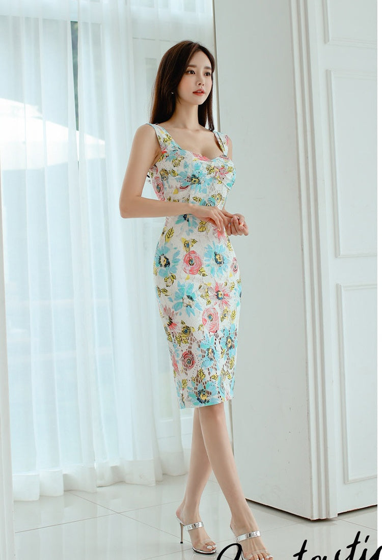 CM-DY070537 Women Elegant Seoul Style Floral Print Square Neck Sleeveless High Waist Pencil Midi Dress