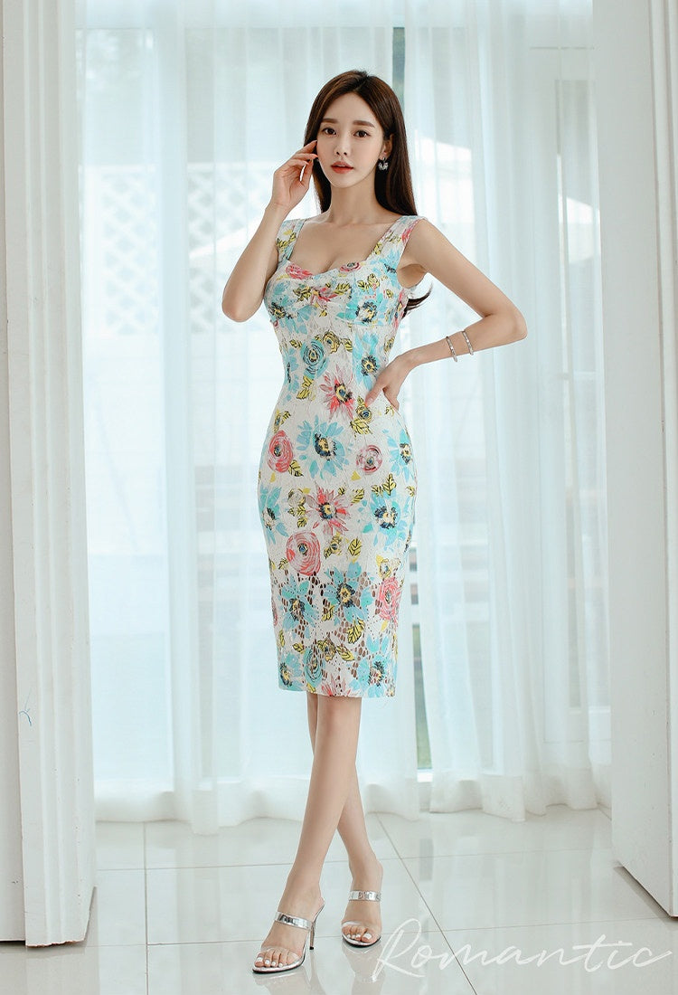 CM-DY070537 Women Elegant Seoul Style Floral Print Square Neck Sleeveless High Waist Pencil Midi Dress