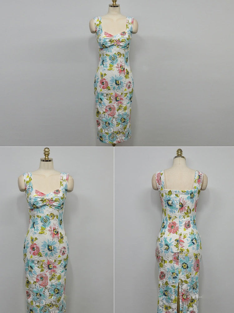 CM-DY070537 Women Elegant Seoul Style Floral Print Square Neck Sleeveless High Waist Pencil Midi Dress