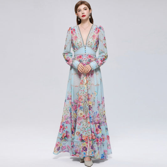 CM-DY070550 Women Elegant European Style Deep V-Neck Long Sleeve Pinched Waist Maxi Dress - Blue